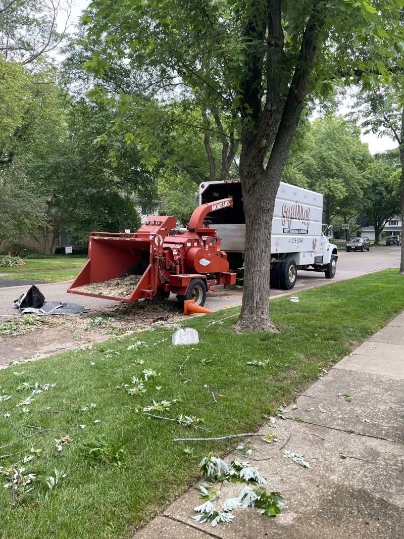 Wood chipper processing brush and branches on a Zion, IL job site