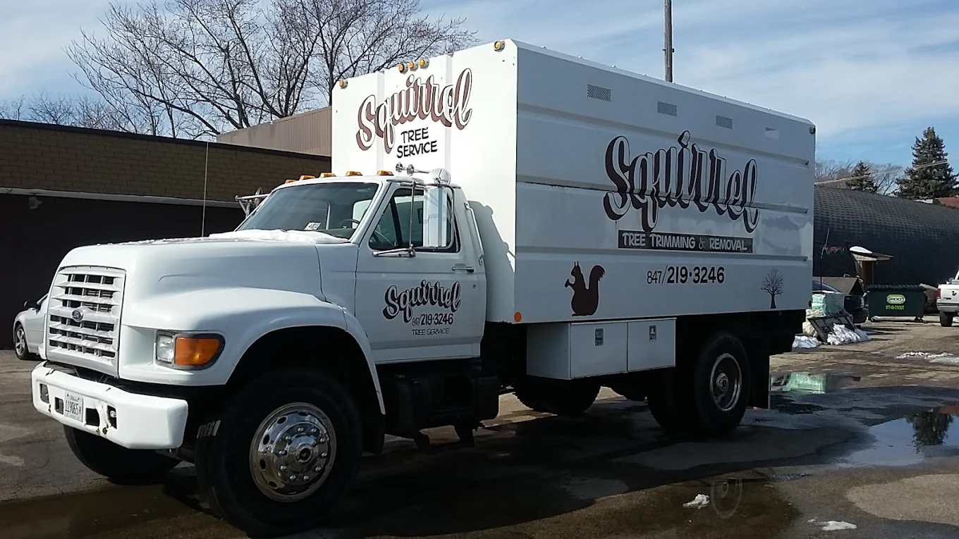 Squirrels Tree Service branded truck parked at a job site