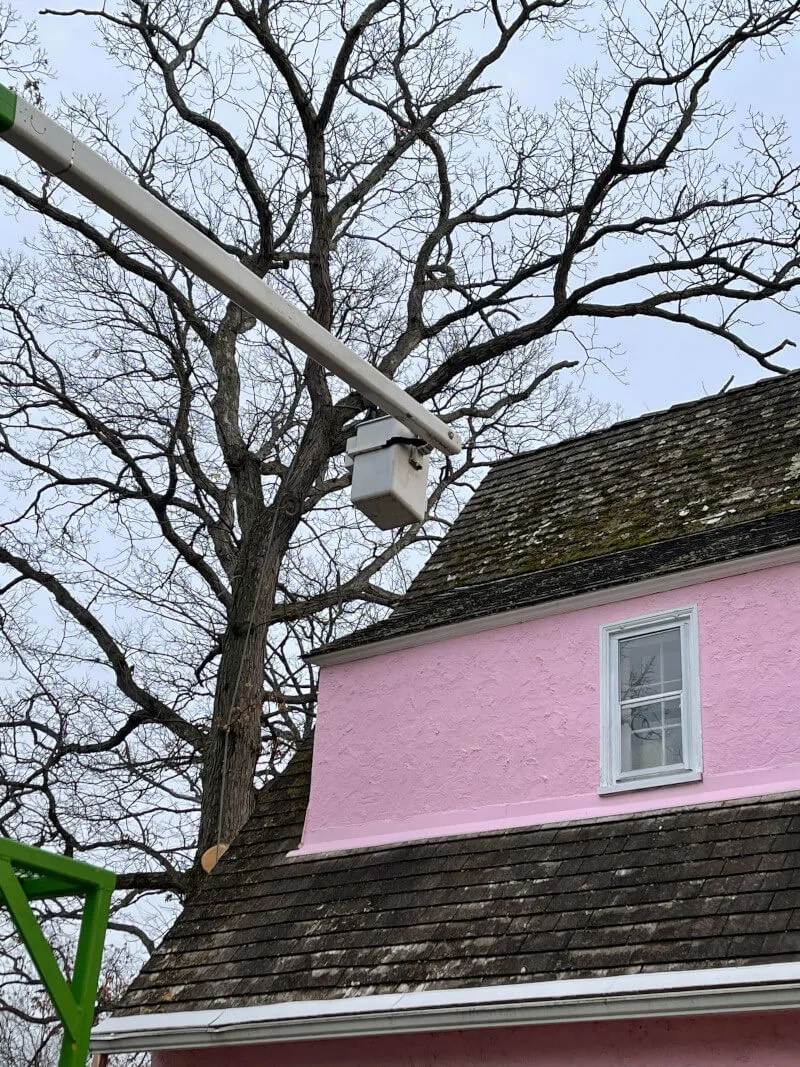 Bucket truck crew trimming branches away from a roofline in Zion, IL
